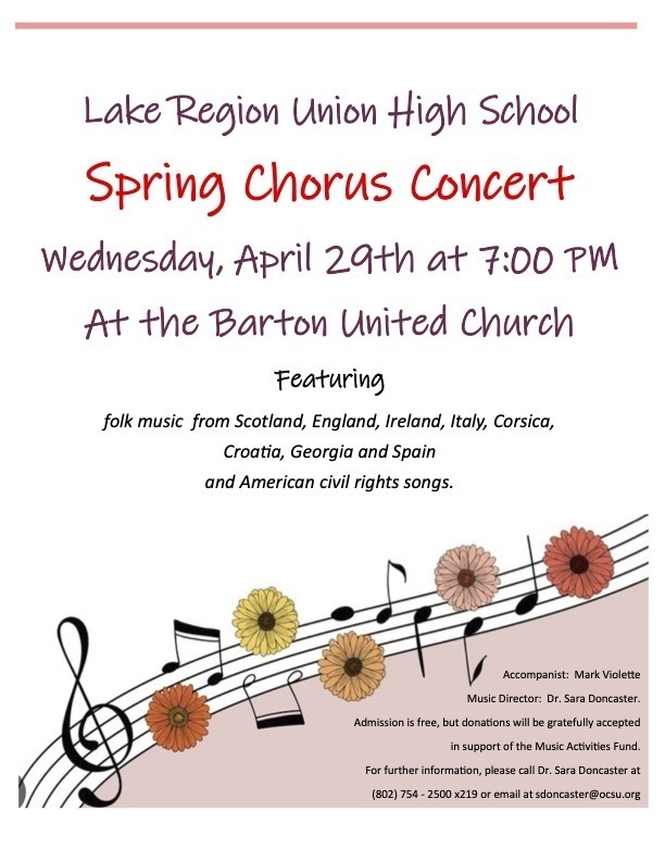 Spring Chorus Concert April 29th at 7:00 p.m.