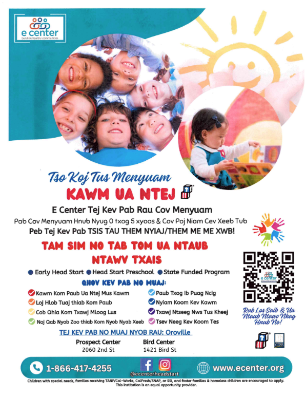 e center flyer with pictures of children playing. Flyers are in English, Spanish, Hmong.