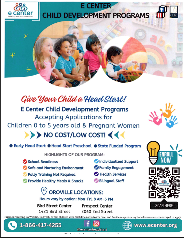 e center flyer with pictures of children playing. Flyers are in English, Spanish, Hmong.