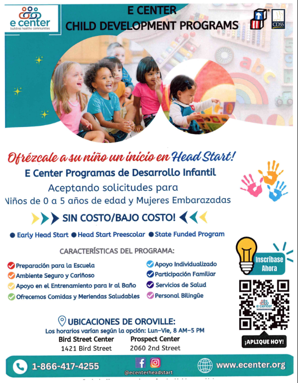 e center flyer with pictures of children playing. Flyers are in English, Spanish, Hmong.