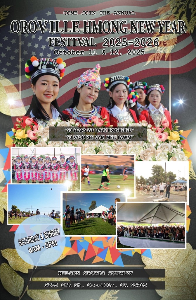 Hmong New Year Celebration Flyer with Hmong attire ladies and the american flag behind them.