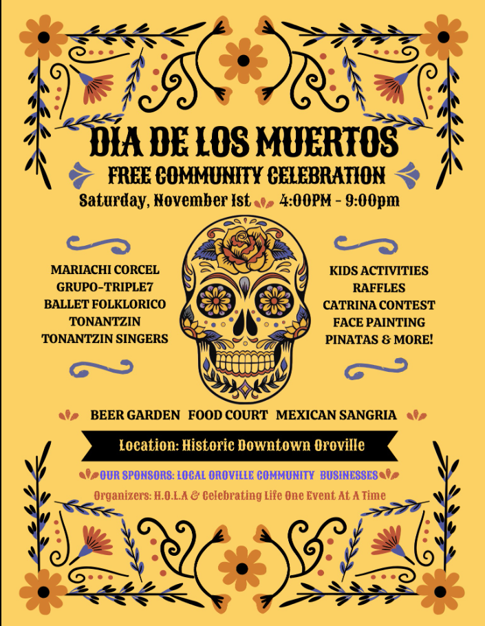 Yellow flyer with flowers. Mariachi, Ballet Folklorico, raffles.