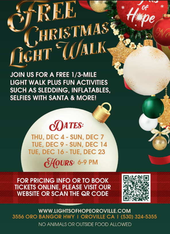 We would like to send the attached flyer for students and their parents. It's double-sided - the front is about the FREE Christmas light walk event at Lights of Hope this December. The back contains information on volunteering at Lights of Hope. Lights of Hope features a free Christmas light walk and is a family-friendly community event.