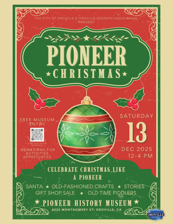 Pioneer Christmas Flyer with an ornament green and red.