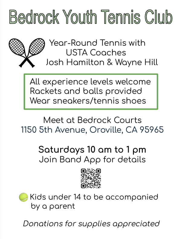 Bedrock Youth Tennis Club Meet6 at Bedrock Courts Saturdays at 10am Image with tennis rackets