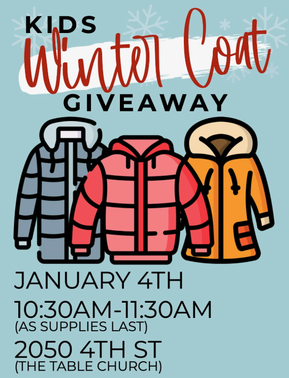 kids winter coat giveaway. Jan 4th flyer with 3 multicolored jackets