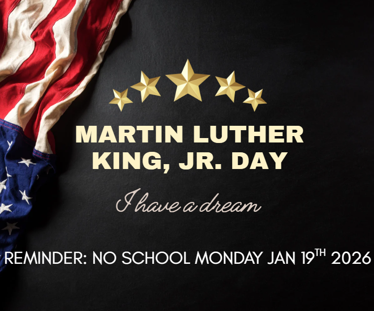 black background with American flag draped on the corner. 5 gold stars around Dr. Martin Luther King Name