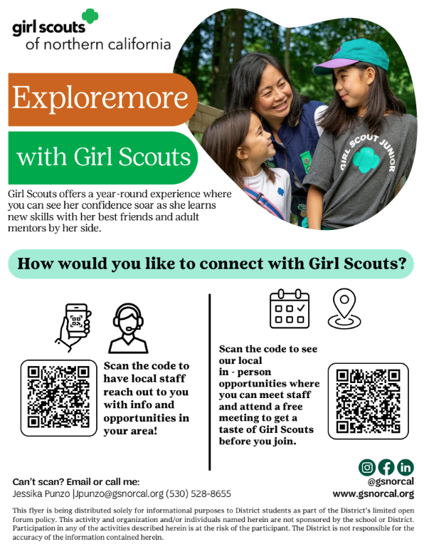 Girl Scouts offers a year-round experience where you can see her confidence soar as she learns new skills with her best friends and adult mentors by her side. How would you like to connect with Girl Scouts? Scan the code to have local staff reach out to you with info and opportunities in your area or Scan the code to see our local in - person opportunities where you can meet staff and attend a free meeting to get a taste of Girl Scouts before you join.