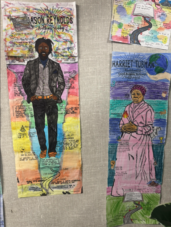 student drawing of Jason Reynolds with black clothing and Harriet Tubman in a pink robe. 