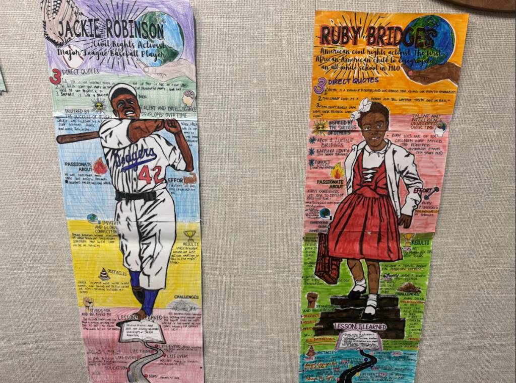 Art about Jackie Robinson with a baseball bat and Dodgers uniform and Ruby Bridges in a red dress.