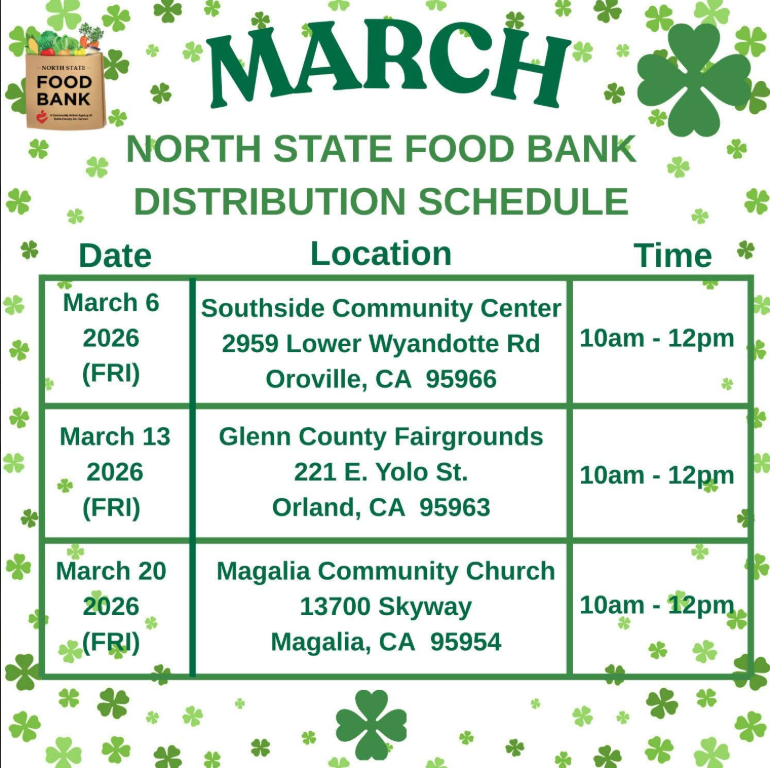 This image is a flyer for the North State Food Bank March 2026 Distribution Schedule. It features a festive green clover border and includes the North State Food Bank logo in the upper left corner.  The central information is organized into a green-bordered table with three columns: Date, Location, and Time. All three scheduled distributions take place on Fridays from 10am to 12pm.
