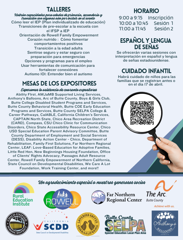 Detalles de los Talleres y Expositores en Español Esta es la segunda página del folleto en español para el Evento de Recursos y Capacitación para Padres del Condado de Butte, que detalla el horario de las sesiones y las organizaciones participantes.