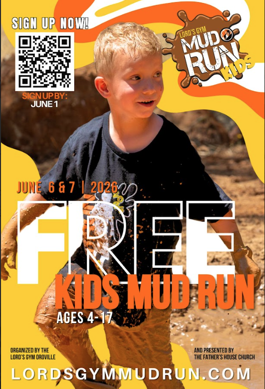 The poster uses bold, capitalized typography. The word "FREE" is prominently displayed in large, white outlined letters across the center, layered behind the running child, while "KIDS MUD RUN" is written in bright orange below it.