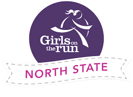 Purple circle with girls on the run with a white banner with pink letters that says North State