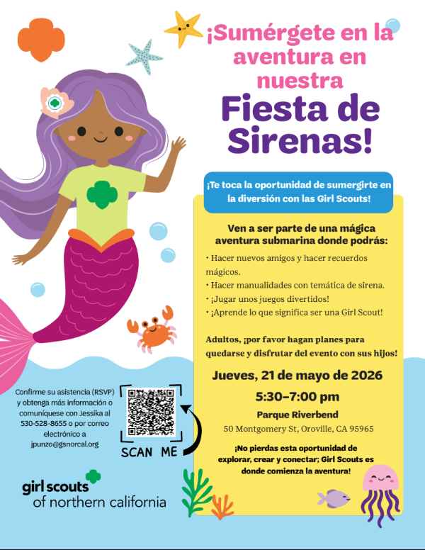 This is a Spanish-language version of the "Mermaid Party" flyer for the Girl Scouts of Northern California. It features a vibrant, under-the-sea theme with a mermaid character and various sea creatures. Header and Graphics The headline in bold pink and purple text reads: "¡Sumérgete en la aventura en nuestra Fiesta de Sirenas!" (Dive into adventure at our Mermaid Party!). On the left, there is a large illustration of a mermaid with purple hair, a green Girl Scout shirt, and a pink tail, surrounded by stars, bubbles, a crab, and a jellyfish.