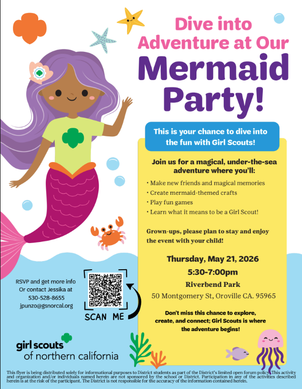 The top of the flyer features a large, whimsical illustration of a mermaid with purple hair, a green shirt featuring the Girl Scout trefoil, and a pink tail. She is surrounded by sea-themed icons like starfish, a crab, bubbles, and a jellyfish. The text "Dive into Adventure at Our Mermaid Party!" is written in large, playful pink and purple fonts.