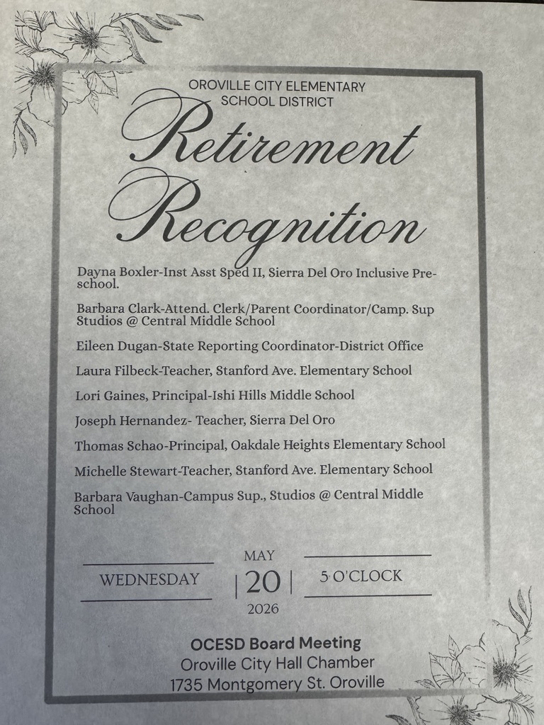 A close-up, top-down photograph shows a printed program document titled "Retirement Recognition" for the Oroville City Elementary School District.  The document features a dark border frame with fine-line floral illustrations in the top-left and bottom-right corners, matching the style of the previous program. The text is printed in black ink on textured, light-grey paper.  The program lists the following retirees and their roles:  Dayna Boxler – Inst Asst Sped II, Sierra Del Oro Inclusive Pre-school.  Barbara Clark – Attend. Clerk/Parent Coordinator/Camp. Sup, Studios @ Central Middle School  Eileen Dugan – State Reporting Coordinator-District Office  Laura Filbeck – Teacher, Stanford Ave. Elementary School  Lori Gaines – Principal-Ishi Hills Middle School  Joseph Hernandez – Teacher, Sierra Del Oro  Thomas Schao – Principal, Oakdale Heights Elementary School  Michelle Stewart – Teacher, Stanford Ave. Elementary School  Barbara Vaughan – Campus Sup., Studios @ Central Middle School  Near the bottom, the date and time are framed by horizontal lines: "Wednesday | May 20, 2026 | 5 O'Clock"