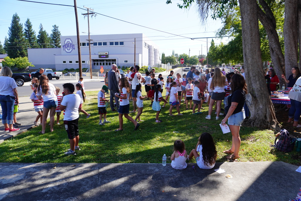 People stand and sit in a park. Some wear white shirts. A tree is on the right. Buildings are in the background.