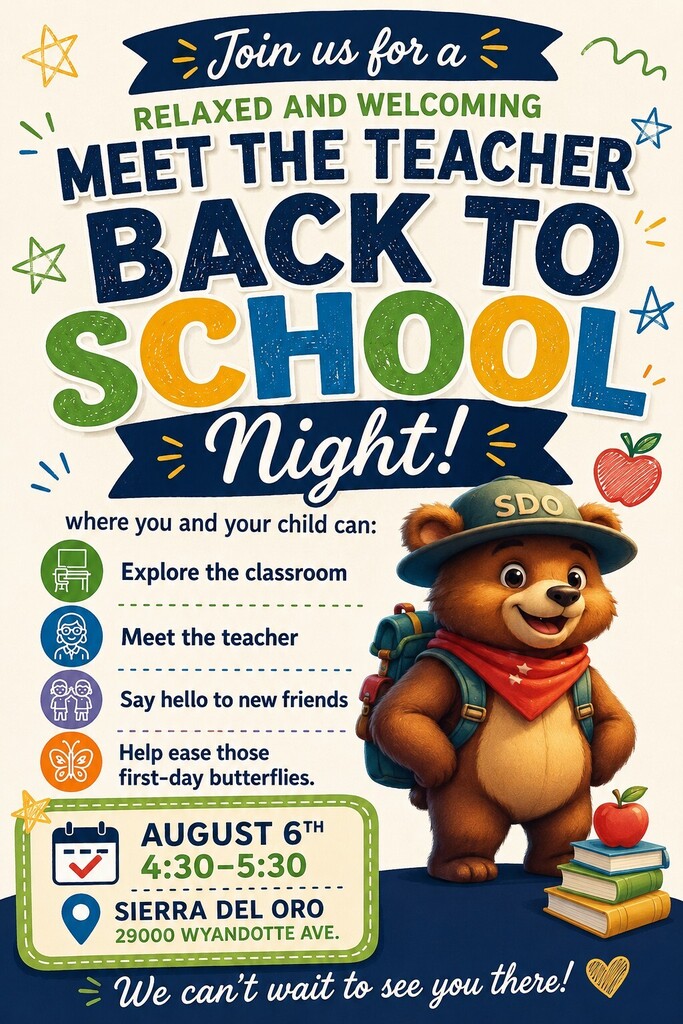 Poster invites families to a relaxed meet-the-teacher event. It features a bear wearing a hat and backpack.