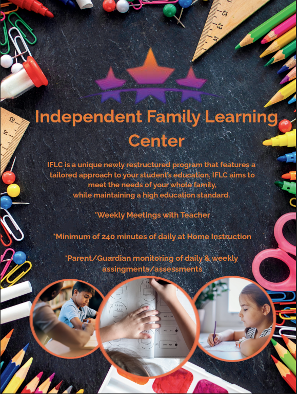 A flyer displays "Independent Family Learning Center" at the top. Images of children studying, colorful stationery, and school tools surround the title.