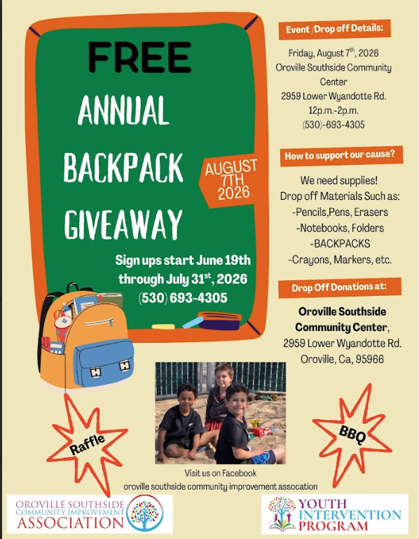 A flyer for the Free Annual Backpack Giveaway on August 12, 2026. It includes sign-up and donation details.