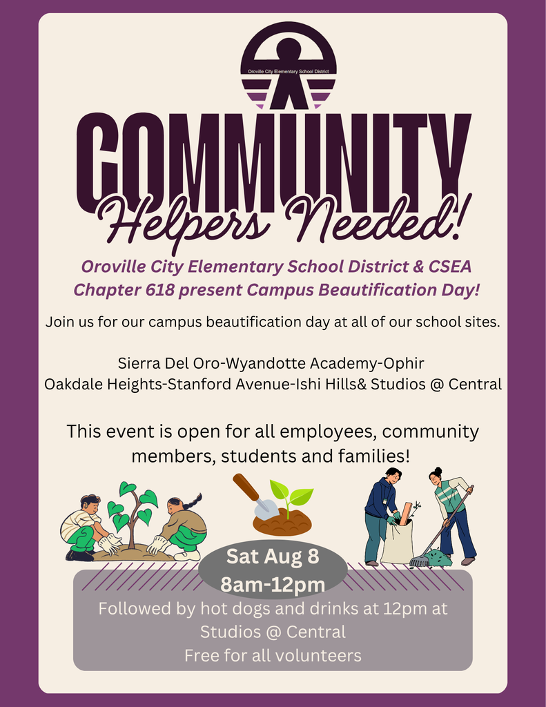 Purple flyer for Community Helpers Needed. Text includes "Join us for campus beautification day". Illustrated people gardening. Date and time at bottom.