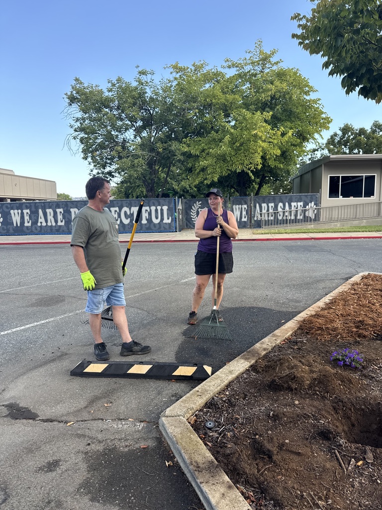 Two people stand in a parking lot, holding shovels, one wearing gloves. A curb with dirt and flowers is nearby, with a large tree in the background.