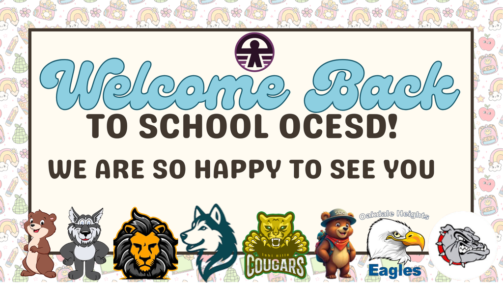 A colorful poster with a rainbow background features welcoming words and various animal mascots of a school.