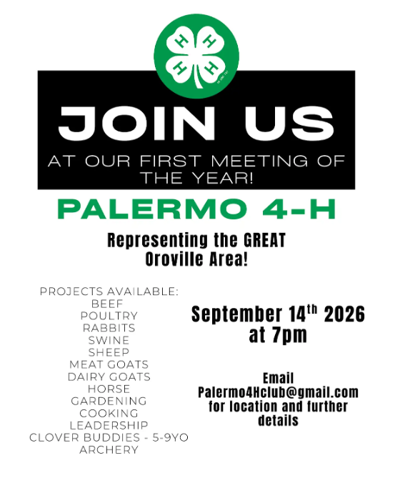 Invitation for Palermo 4-H's first meeting, September 14th 2026 at 7pm. Projects available: beef, poultry, rabbits, swine, sheep, meat goats, dairy goats, horse, gardening, cooking, leadership, clover buddies, and archery.