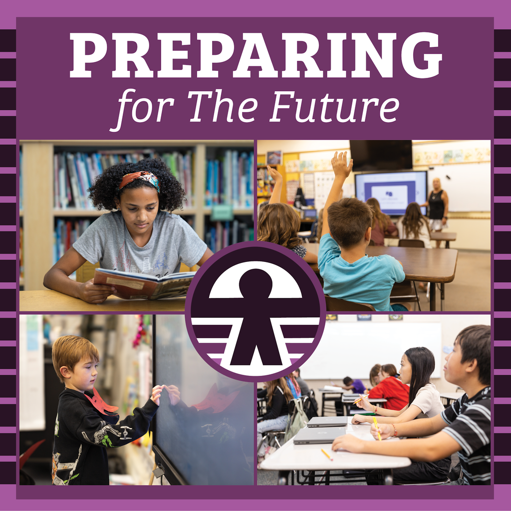 A collage of students in class with the words "Preparing for the Future" on the top