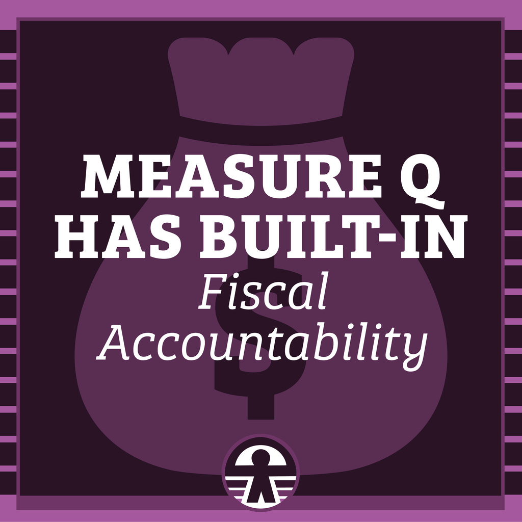 Graphic with a purple money bag and text stating "MEASURE Q HAS BUILT-IN FISCAL ACCOUNTABILITY"