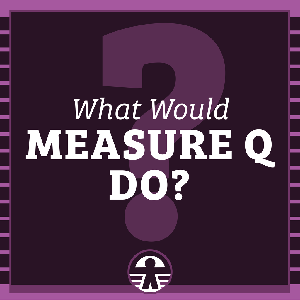 Text reading "What Would Measure Q Do?" over a purple question mark, with a logo below. Background is purple with white stripes.