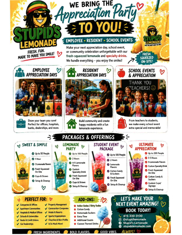 A poster for events such as Employee, Resident, and School Appreciation Days, showing drinks and people.