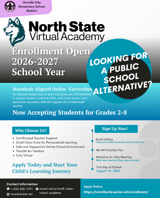 An advertisement for North State Virtual Academy open enrollment for 2026-2027. It lists benefits and instructions to sign up.