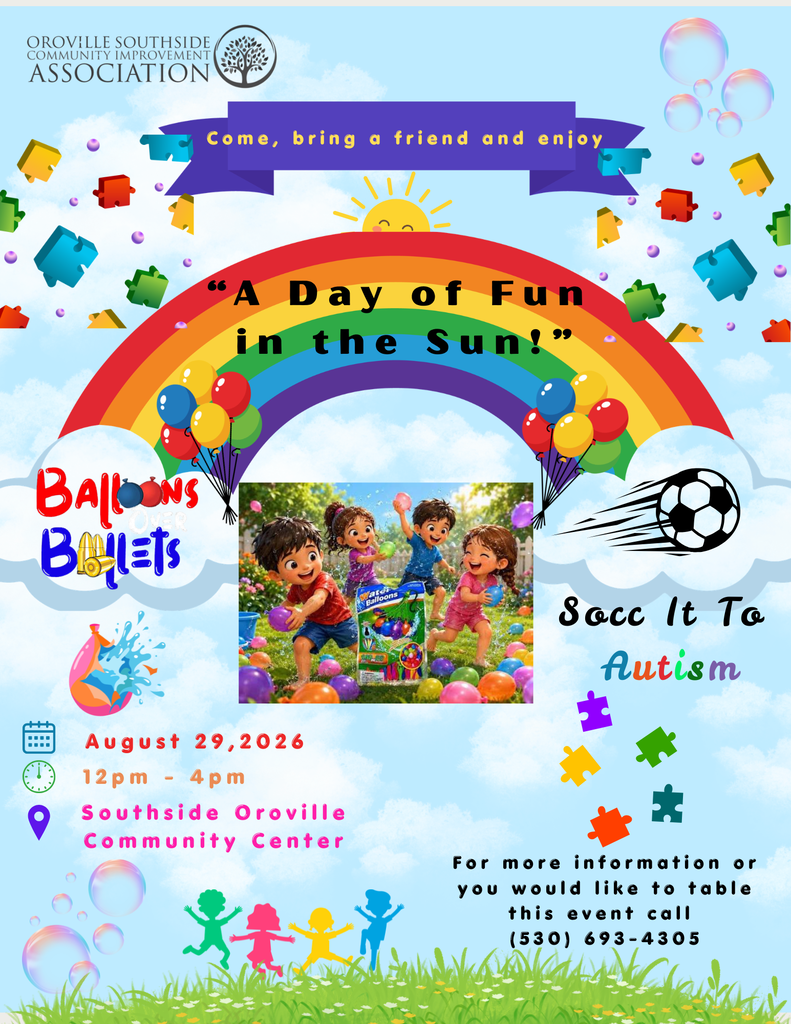 A flyer with a rainbow and colorful balloons advertises an event for August 29, 2024. It includes a photo of children playing.