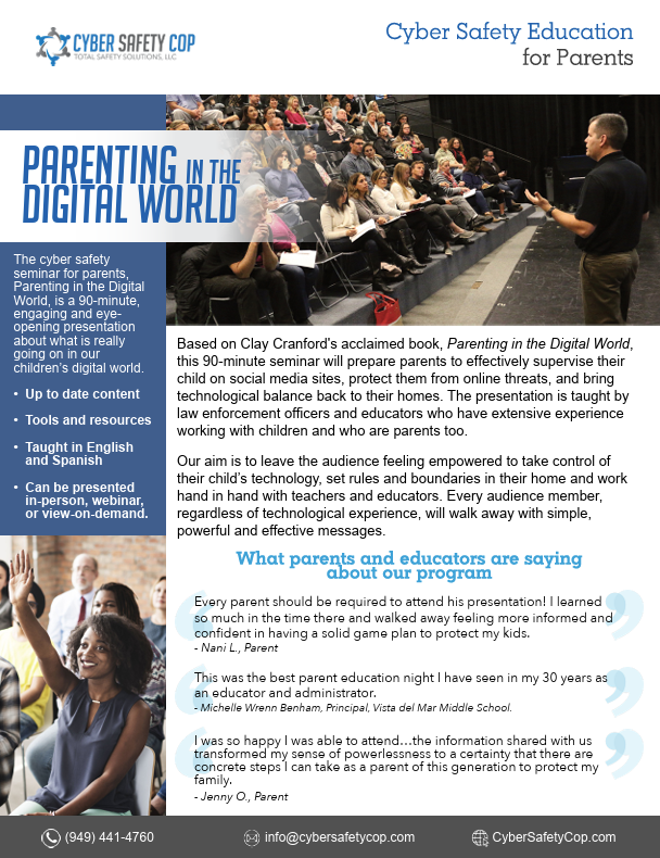 Document featuring a presentation on cyber safety education for parents. Speaker talks to audience. Text includes topics and resources.