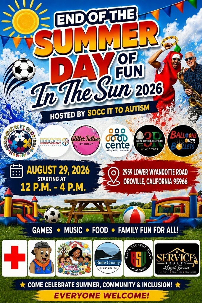 An event flyer for "End of the Summer Day of Fun in the Sun 2026" features a vibrant sun, soccer ball, and family games.