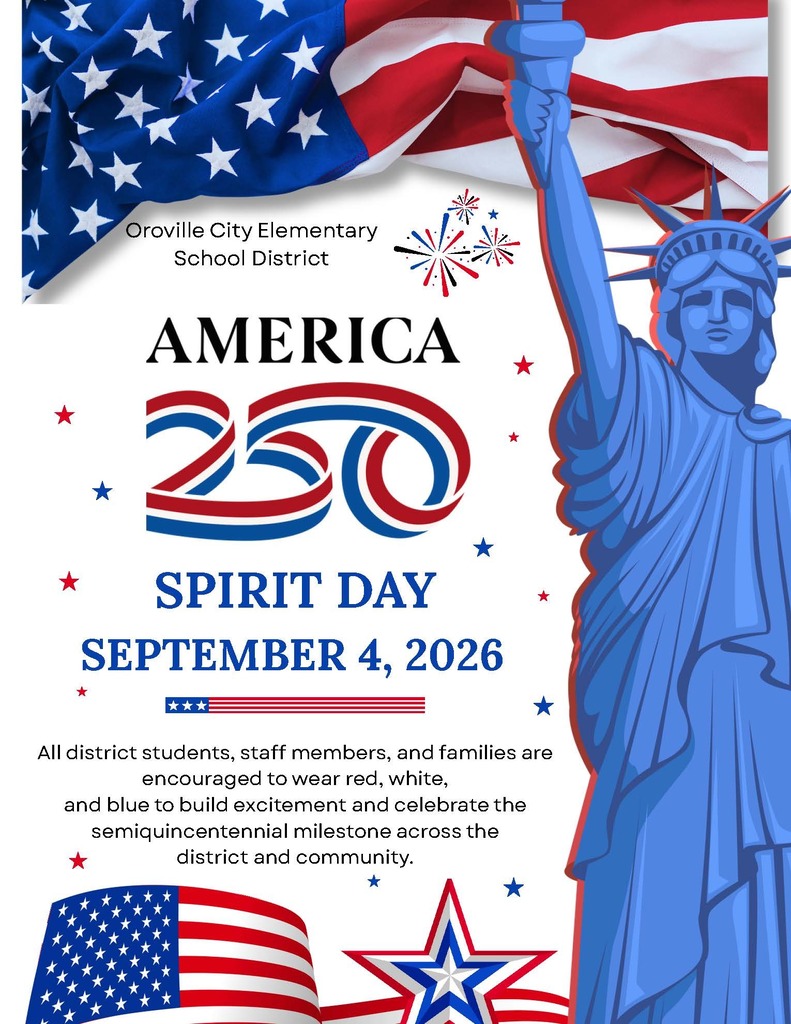Flyer announcing Spirit Day on Sept. 4, 2026, asking staff, students, and families to wear red, white, and blue in honor of America 250.