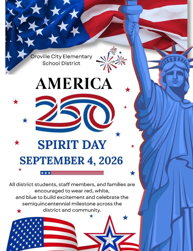 Flyer announcing Spirit Day on Sept. 4, 2026, asking staff, students, and families to wear red, white, and blue in honor of America 250.