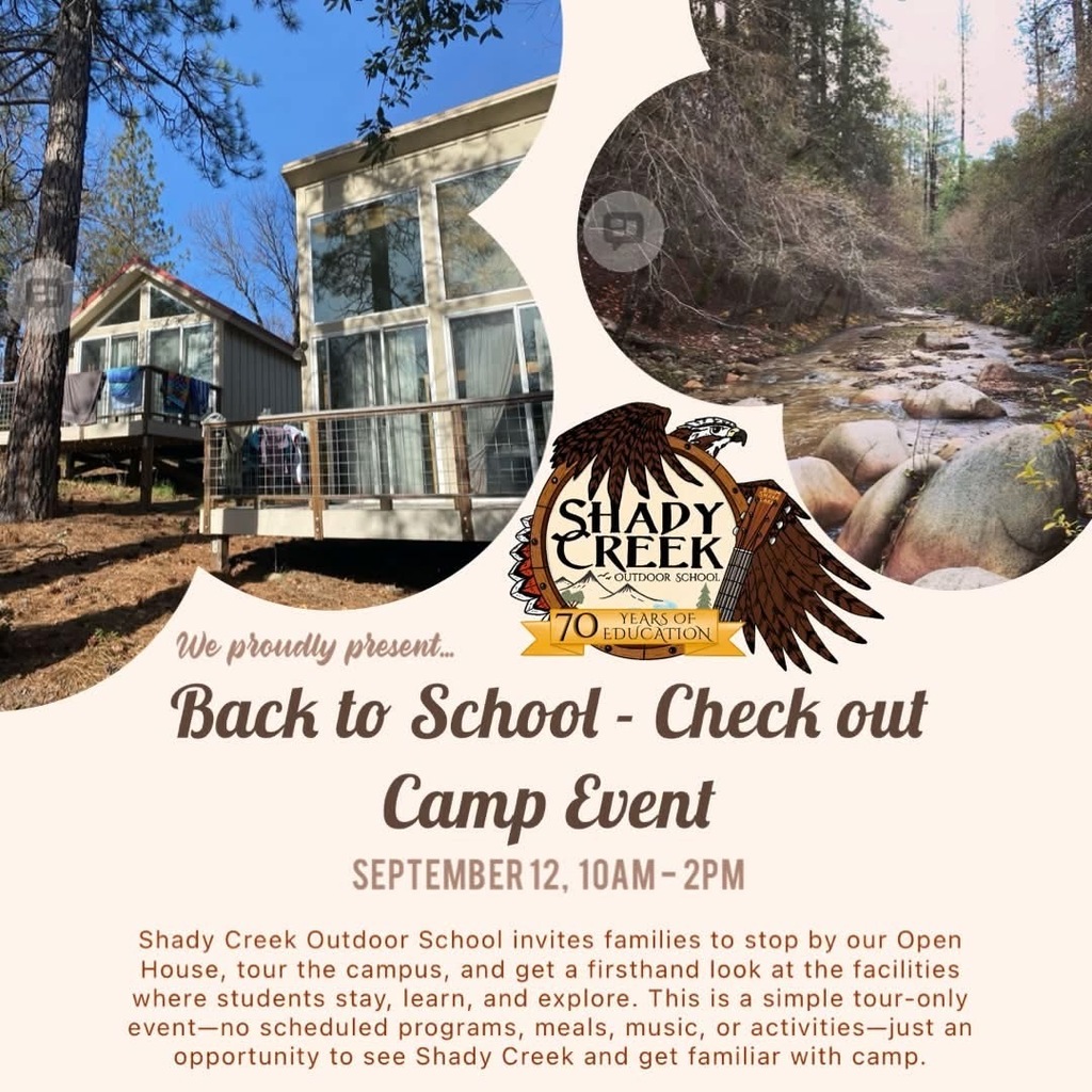 Flyer for a Back to School Camp Event on September 12. It features an image of a cabin and forest.