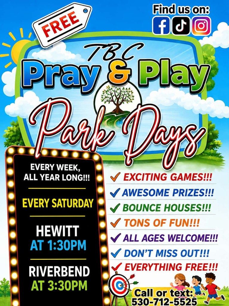 A flyer displays text and icons for a weekly event, "Pray and Play Park Days," occurring every Saturday at 1:30pm.