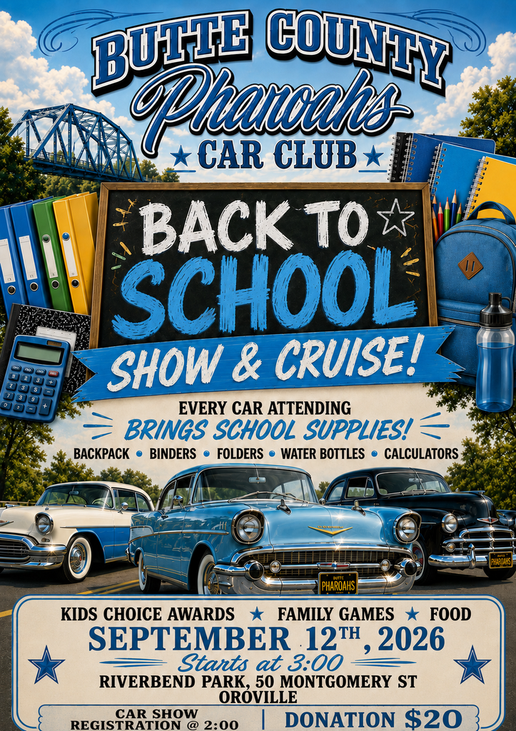 An advertisement for the Butte County Phaetons Car Club features cars, a blackboard, and school supplies.