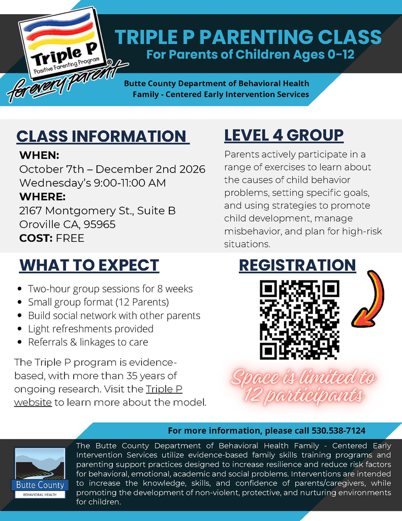 Document with logo, "Triple P" title, date, location, cost, session details, registration info, QR code, and Butte County logo.
