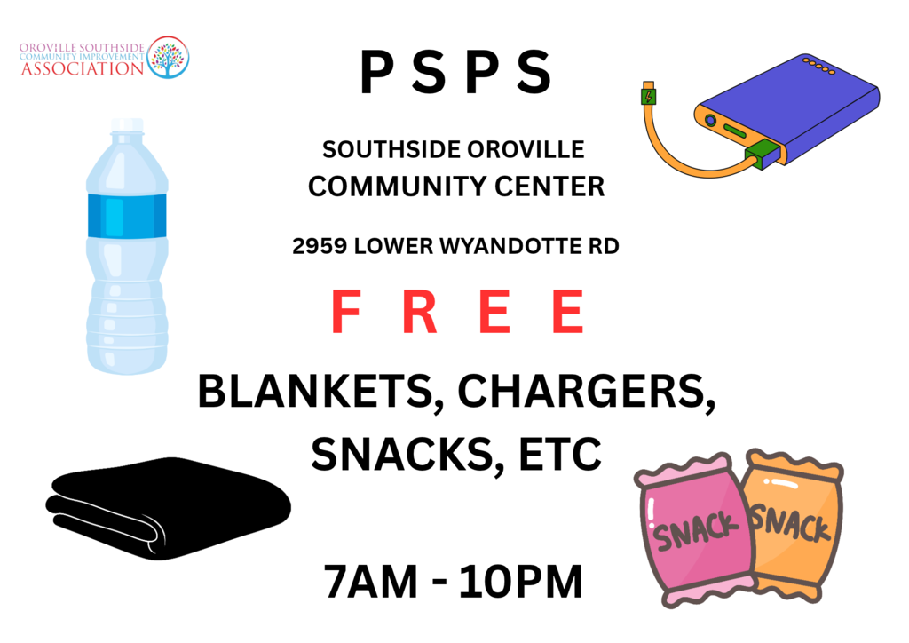 Items on a white background include a bottle, charger, blanket, and snacks. Text reads "PSPS SOUTHSIDE OROVILL" and "2959 LOWER WYANDOTTE RD FREE".