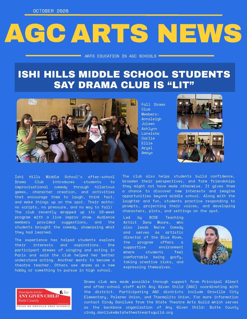 Blue page with text and images. A group of students, some sitting, some standing. An adult female standing and smiling.