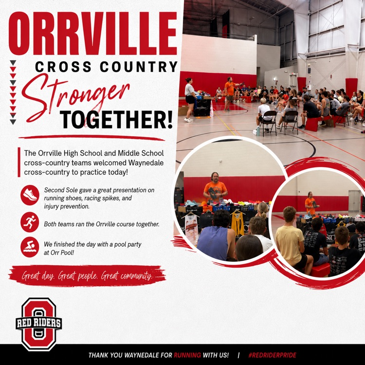 Orrville high school and middle school cross-country teams welcomed Waynedale cross-country to practice today. Second Sole gave a presentation on running shoes, racing spikes, and injury prevention.