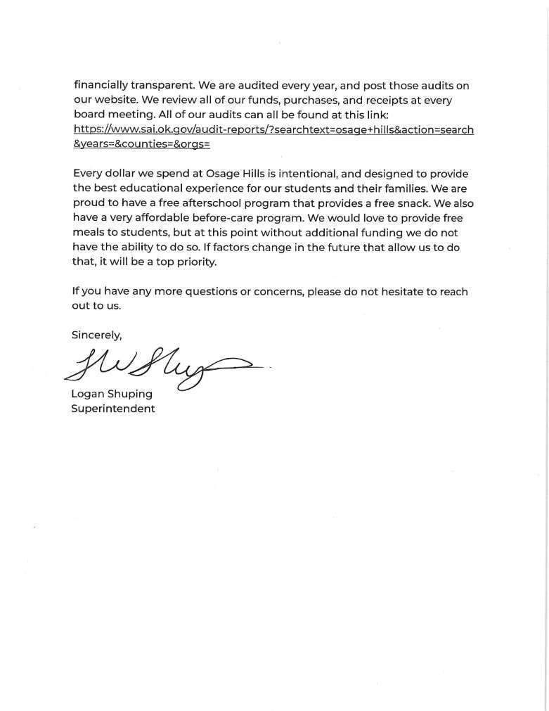 Letter to Families