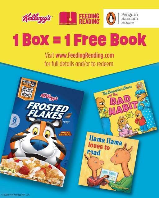Kellogg's , Feeding Reading, and Penguin Random House are giving free books in their book program.