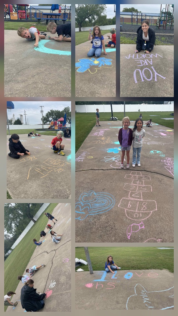 Collage of photos of 2nd graders coloring the basketball court with chalk.