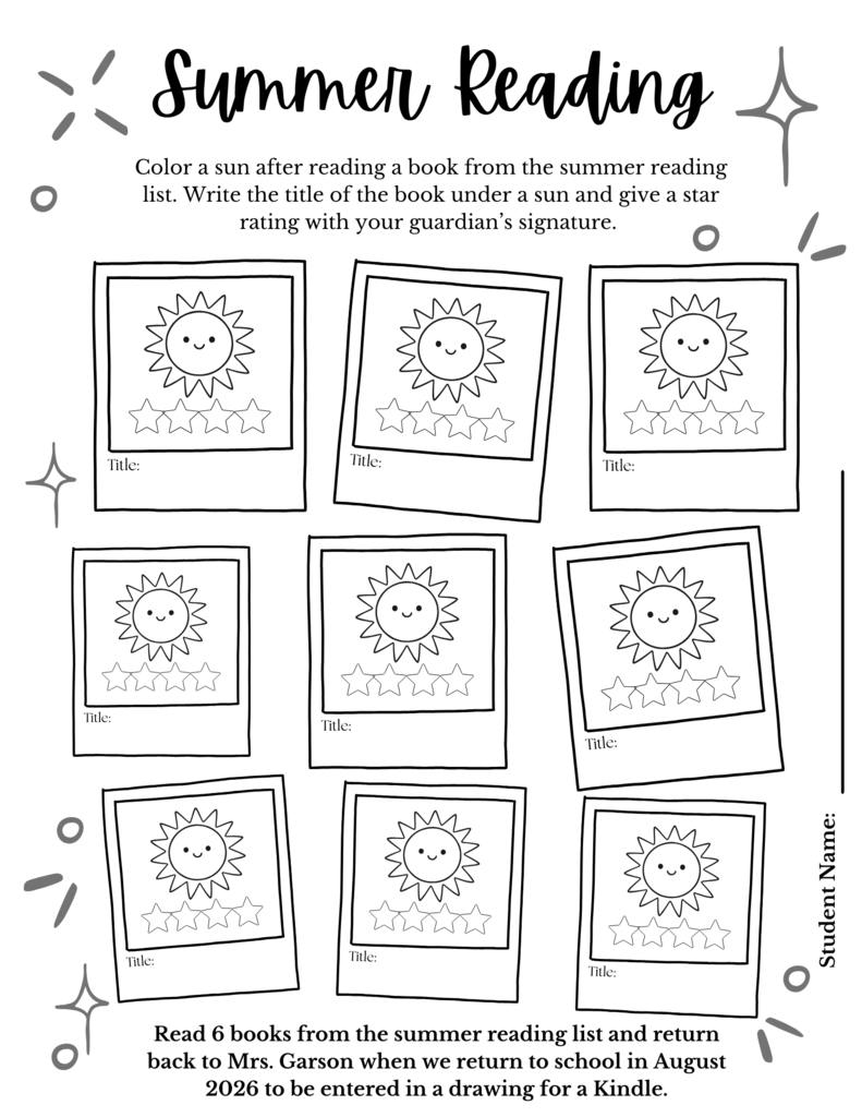 Reading log for Kindergarteners, 1st, and 2nd graders.